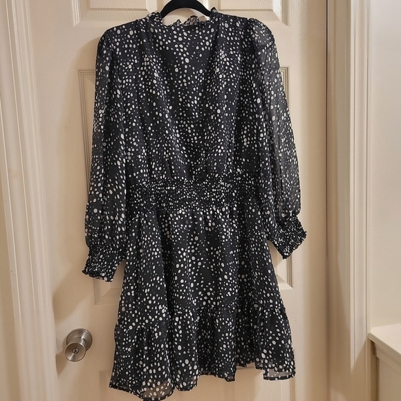 STEVE MADDEN V-Neck Long Sleeve Dot Smocked Waist Minidress  Size L - Picture 3 of 12